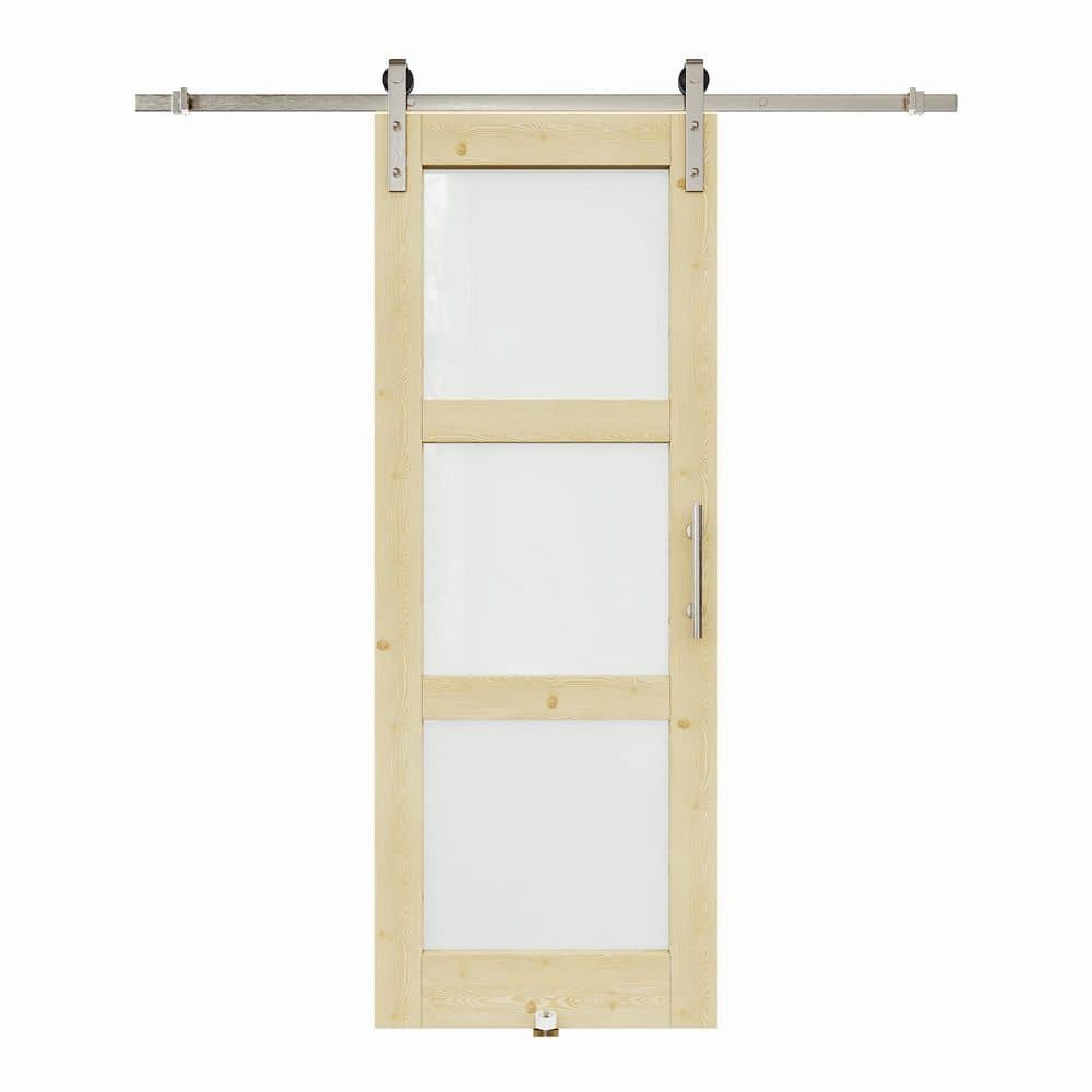 30 in. x 80 in. 3 Lite Frosted Glass Unfinished Solid Core Pine Wood Sliding Barn Door with Hardware Kit Nickel Plated