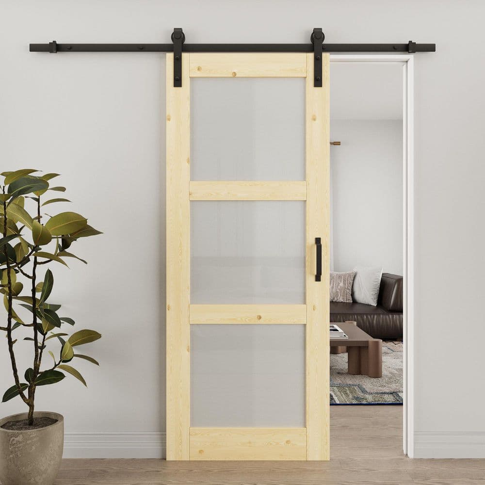 32 in. x 80 in. 3-Lite Tempered Frosted Glass Unfinished Solid Core Pine Wood Sliding Barn Door with Hardware Kit