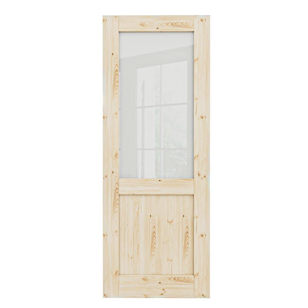 32 in. x 80 in. Unfinished Solid Core Pine Wood 1/2-Lite Tempered Frosted Glass Interior Door Slab