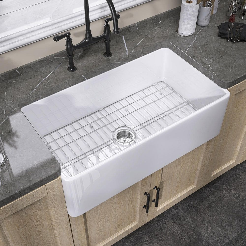 36 in. Rectangular Apron Front Farmhouse Sink Single Bowl White Fireclay Undermount Sink with Bottom Grid and Strainer
