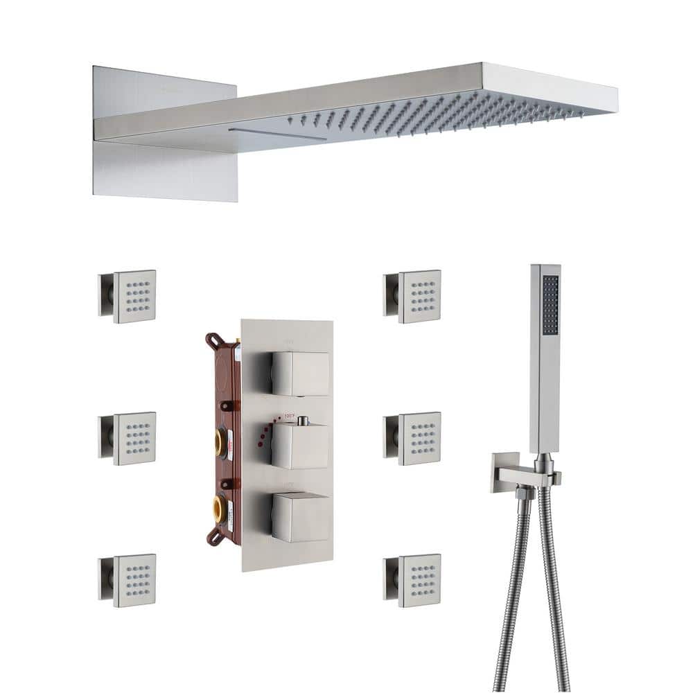 4-Spray 22 in. Wall Mount Rainfall & Waterfall Patterns Dual Fixed and Handheld Shower Head with 6-Jet in Brushed Nickel