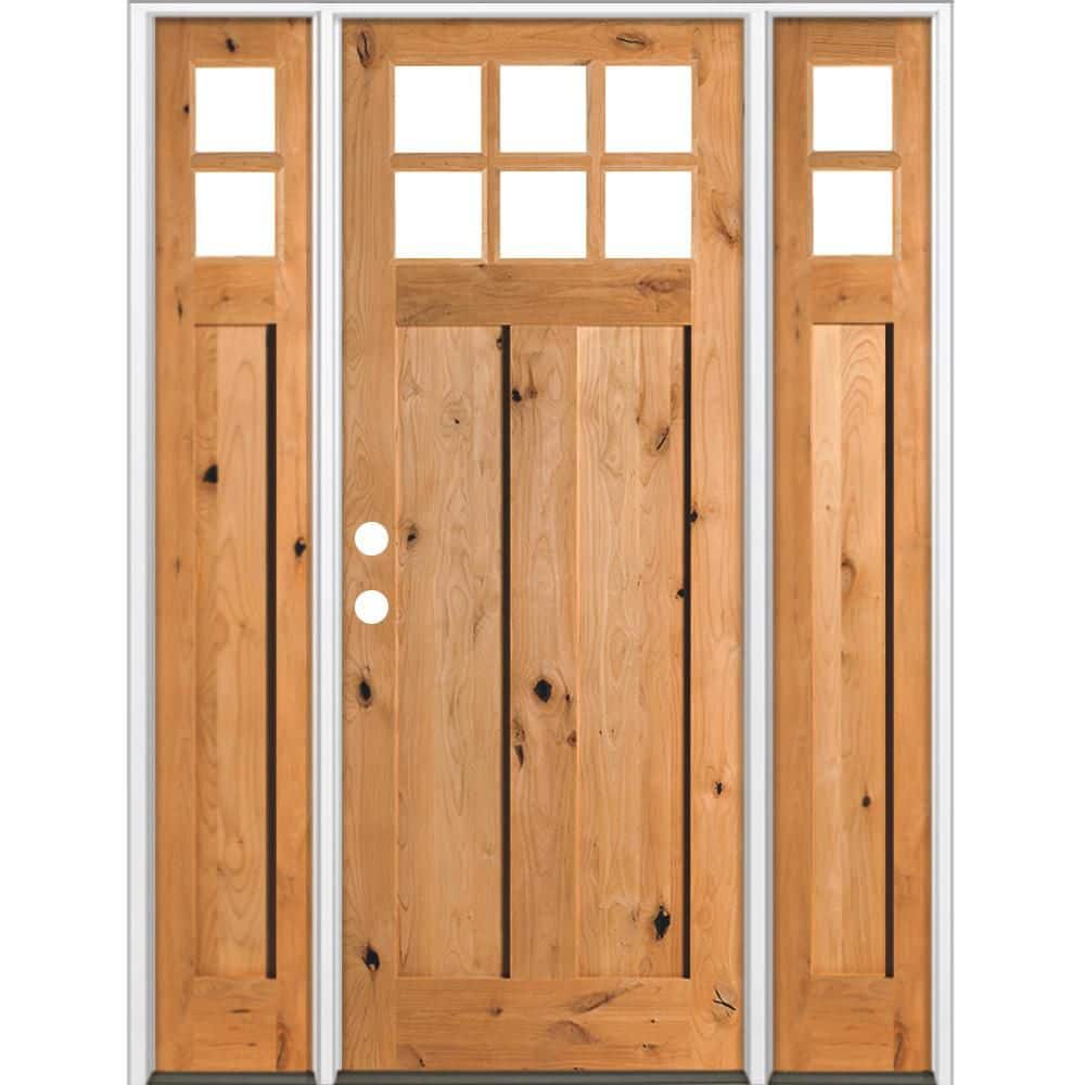 64 in. x 96 in. Knotty Alder Right-Hand/Inswing 6-Lite Beveled Clear Glass Cedar Stain Wood Prehung Front Door with DSL