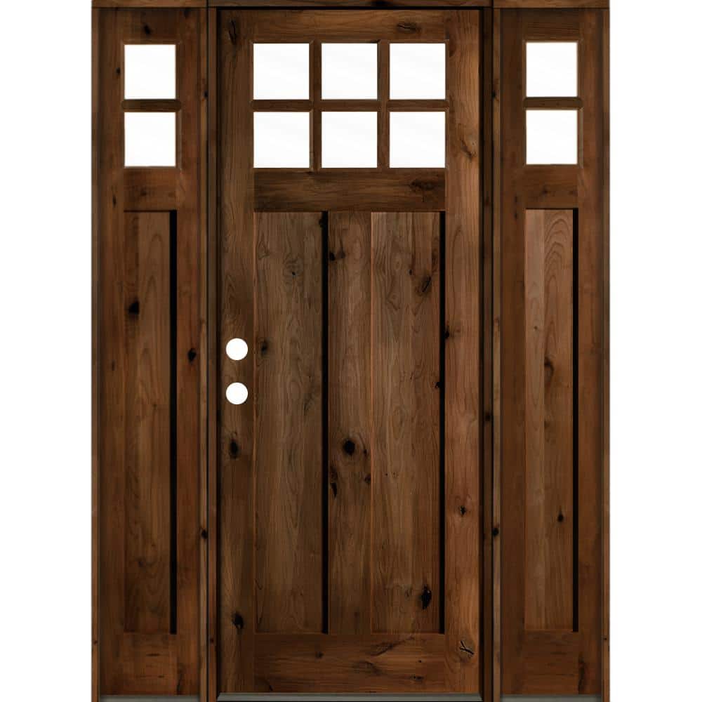 64 in. x 96in. Craftsman Knotty Alder Provincial Stain Right-Hand 10-Lite Clear Wood Single Prehung Front Door/Sidelites