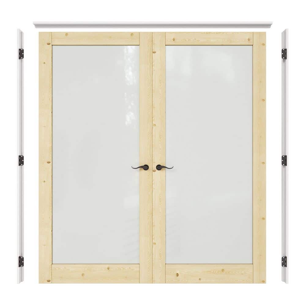 72 in. x 80 in. 1 Lite Frosted Glass Pine Solid Wood Unfinished Universal Double French Door with Assemble Jamb