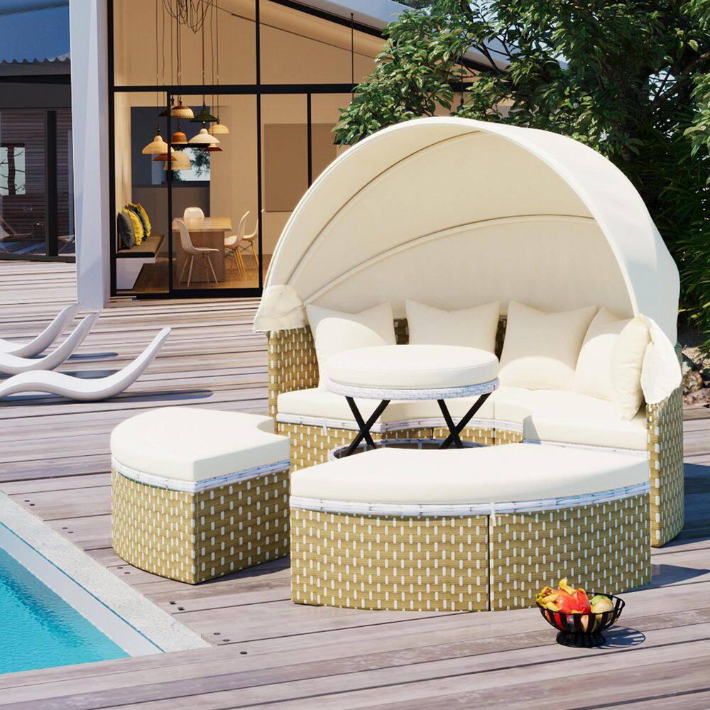 Beige Metal Outdoor Sectional Sofa Set Rattan Daybed 2-Tone Weave Sunbed with Retractable Canopy and Removable Cushion