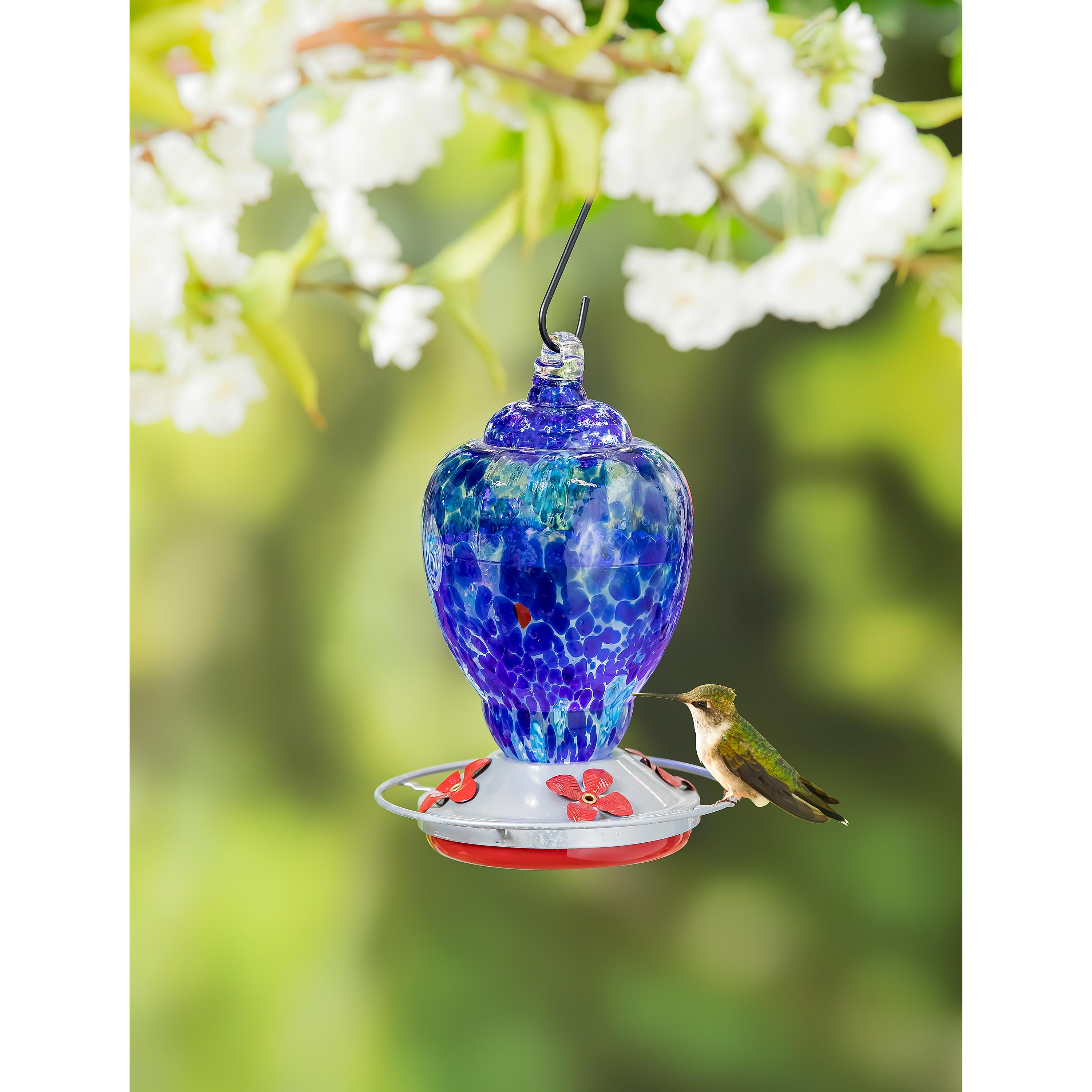 Blue Speckled Glass Hummingbird Feeder with Bronze Gondola