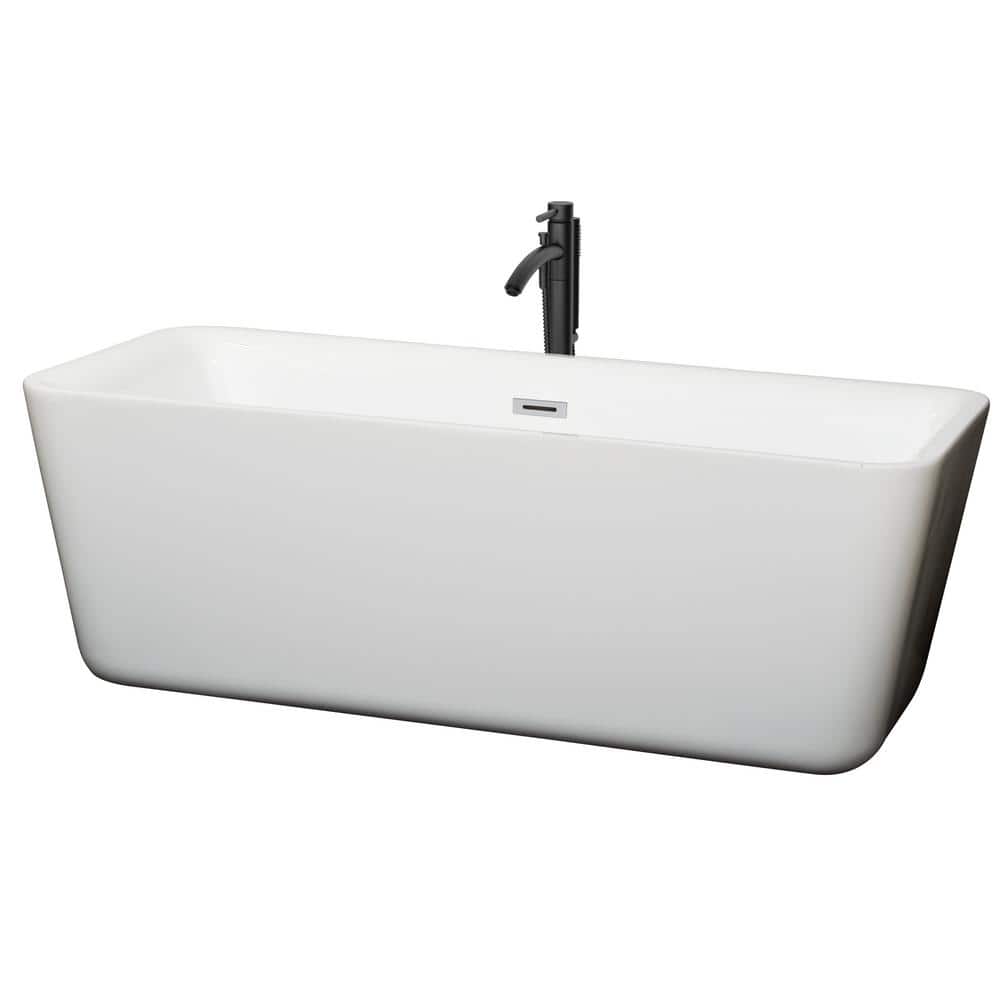 Emily 68.88 in. Acrylic Flatbottom Bathtub in White with Polished Chrome Trim and Matte Black Faucet