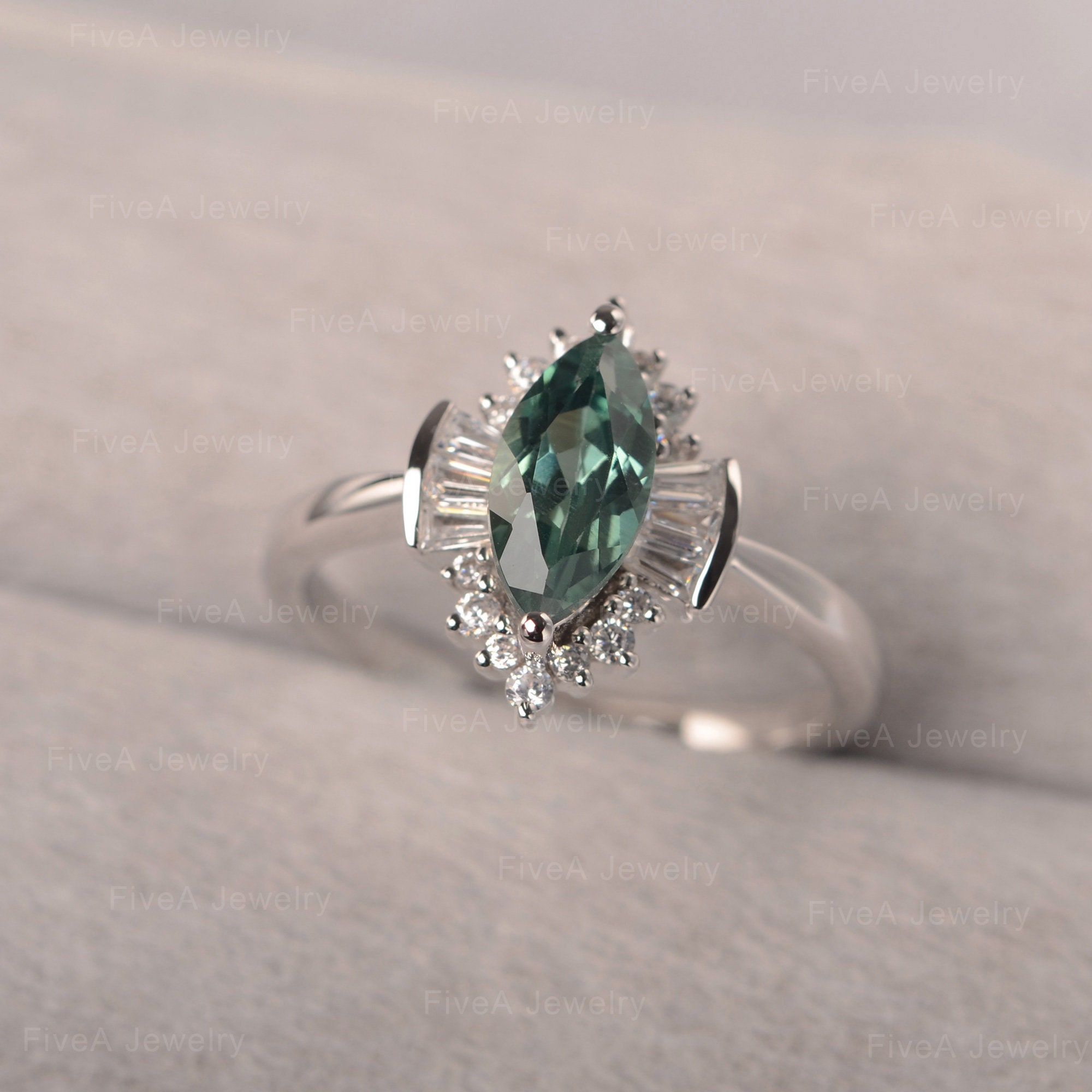 Green Sapphire Ring Teal Marquise Gemstone With Zircons Unique Design Engagement