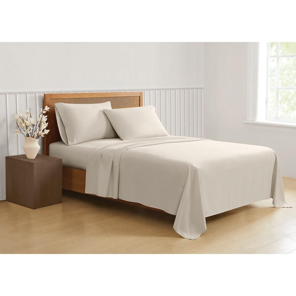 Green Solid Recycled Polyester Beige California King 4 Piece Sheet Set