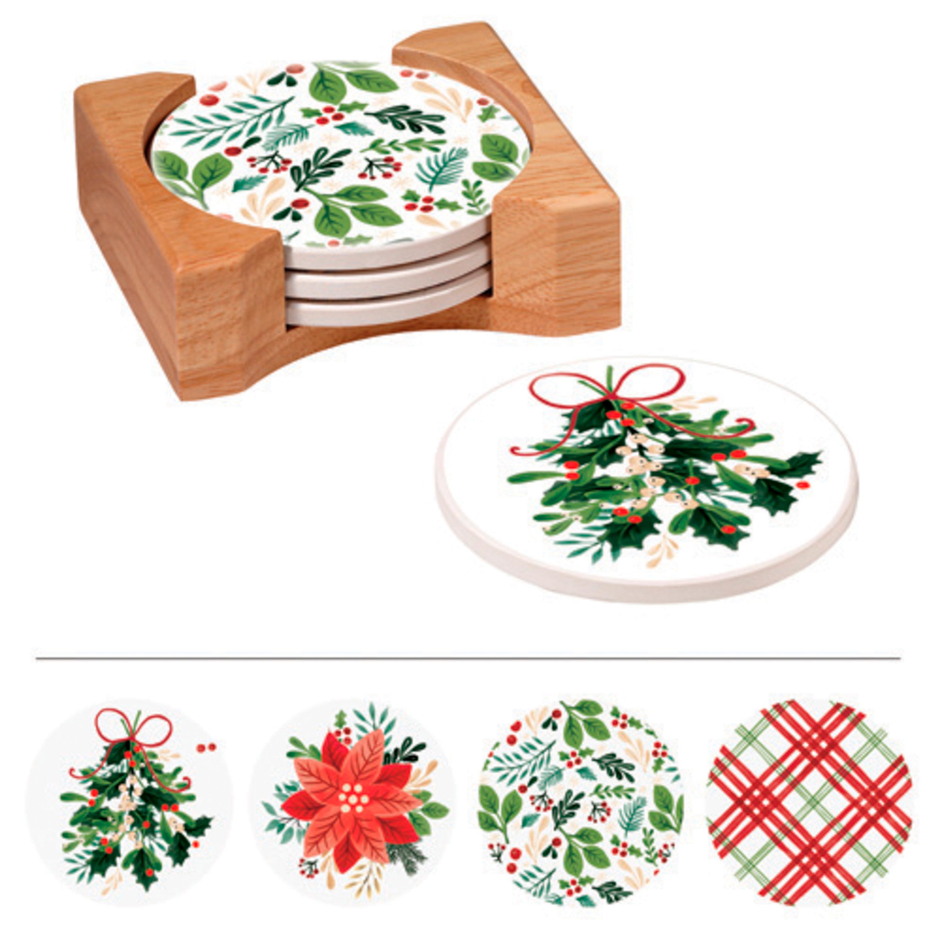 Holiday Greenhouse Round Coasters w/ Caddy, Set of 4, Gift Box