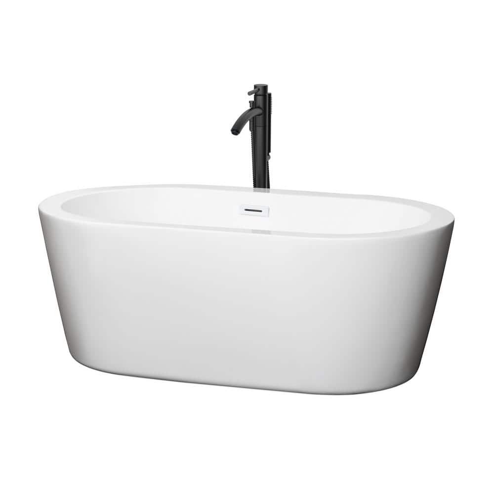 Mermaid 59.75 in. Acrylic Flatbottom Bathtub in White with Shiny White Trim and Matte Black Faucet