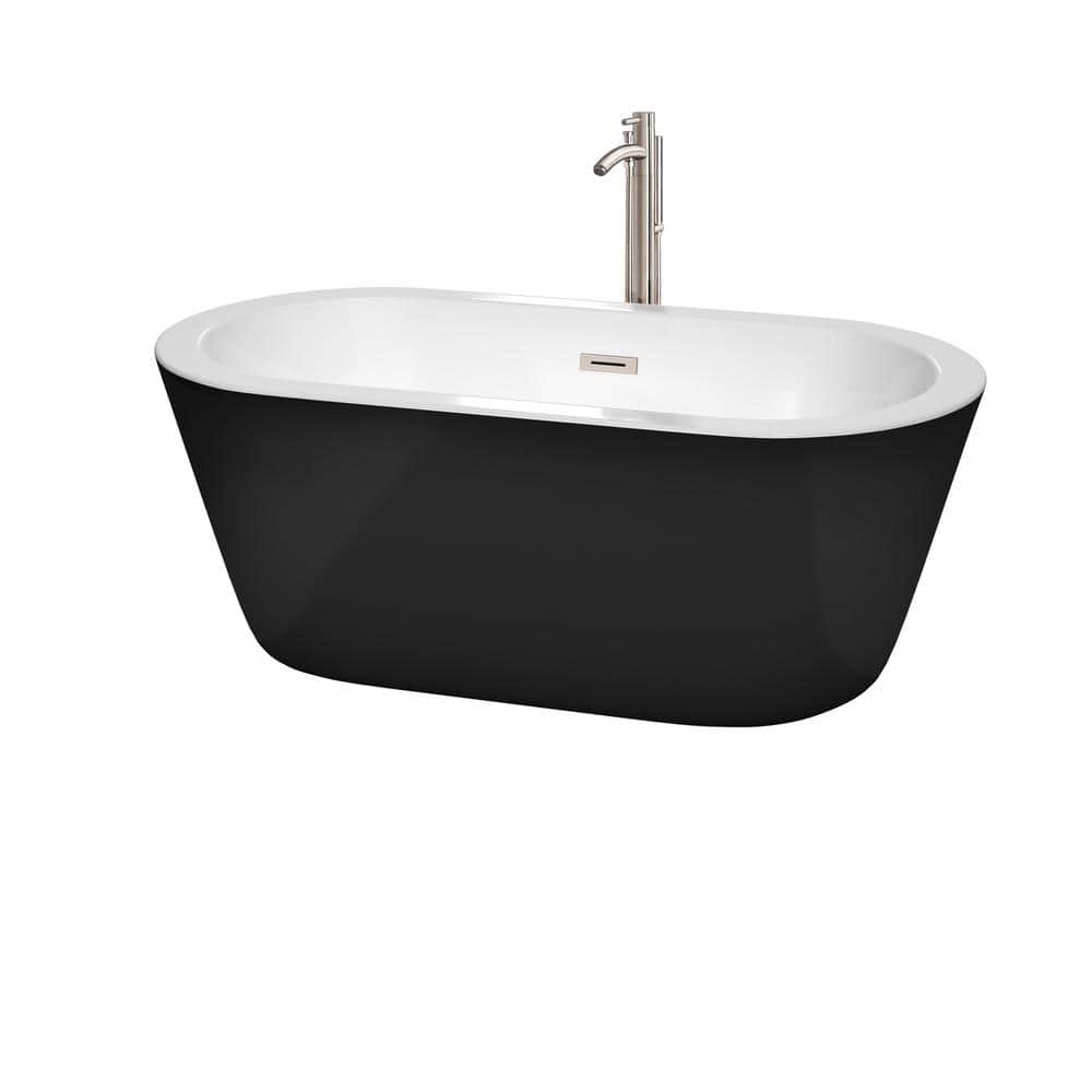 Mermaid 60 in. Acrylic Flatbottom Center Drain Soaking Bathtub in Black with Floor Mounted Faucet in Brushed Nickel