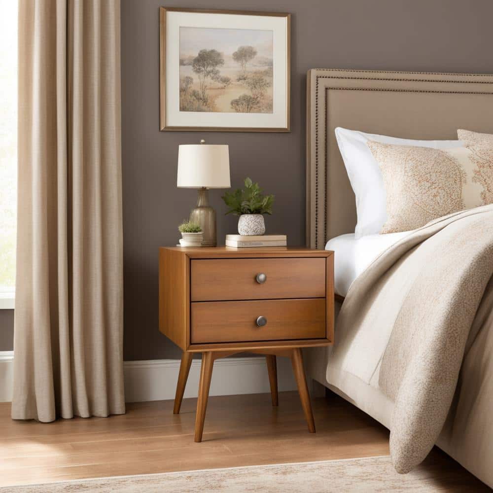 Mid Century Modern Contemporary Transitional 2-Drawer Solid Wood Caramel Night Stand