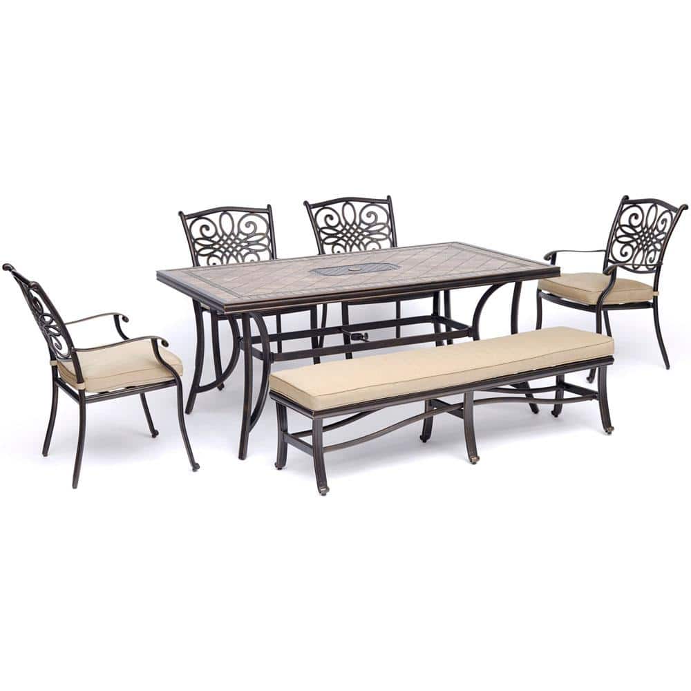 Monaco 6-Piece Aluminum Outdoor Dining Set with Tan Cushions with a Cushioned Bench and Tile-Top Table