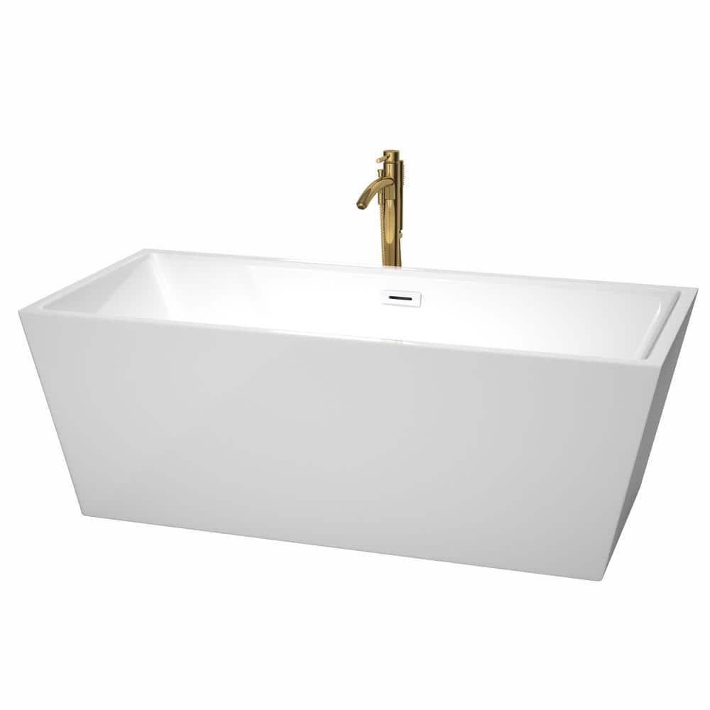 Sara 67 in. Acrylic Flatbottom Bathtub in White with Shiny White Trim and Brushed Gold Faucet