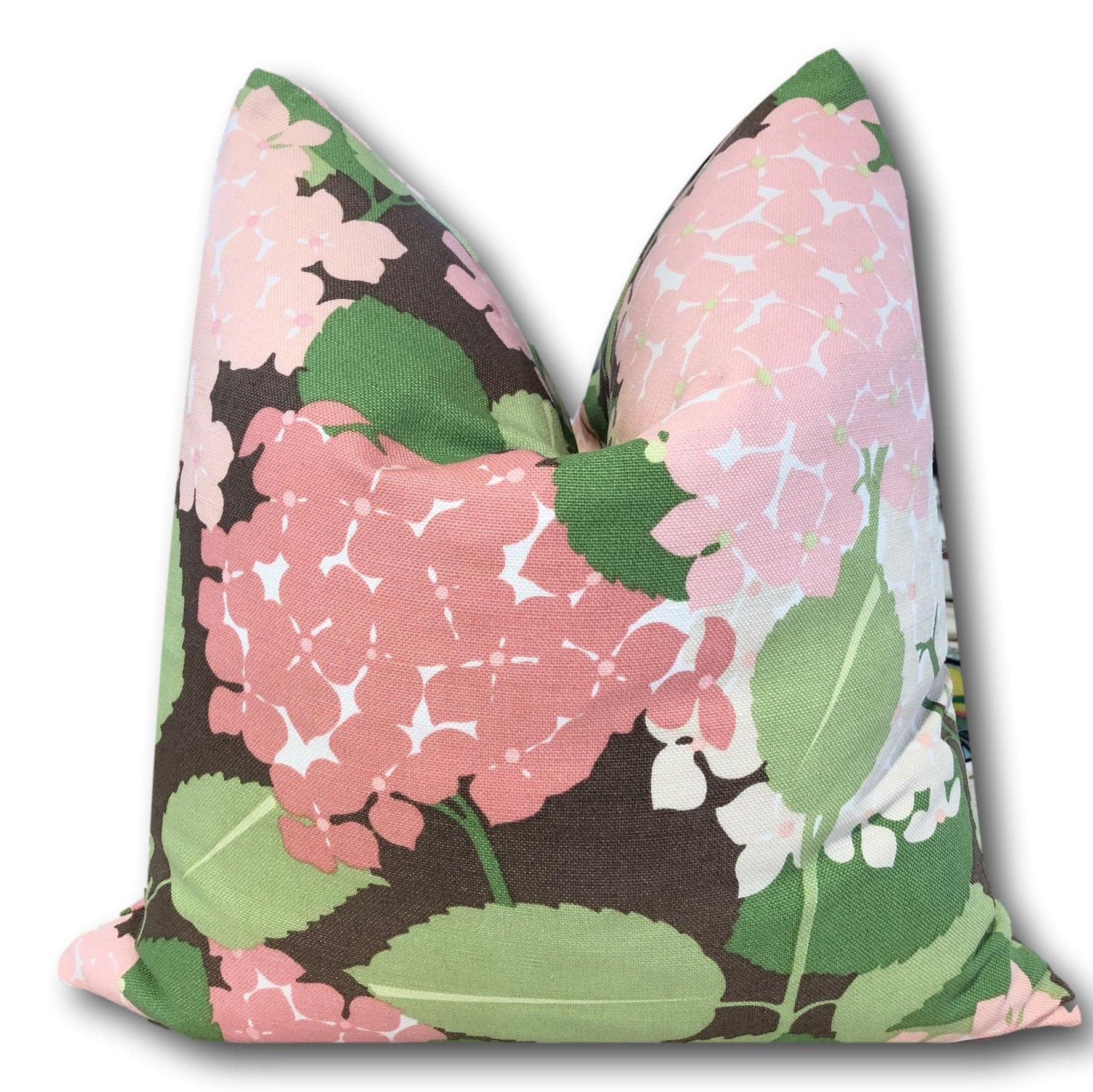 Schumacher Hydrangea Pastel Pink & Brown Decorative Pillow Luxury Throw Elegant Decor W/Linen Reverse Cover Only