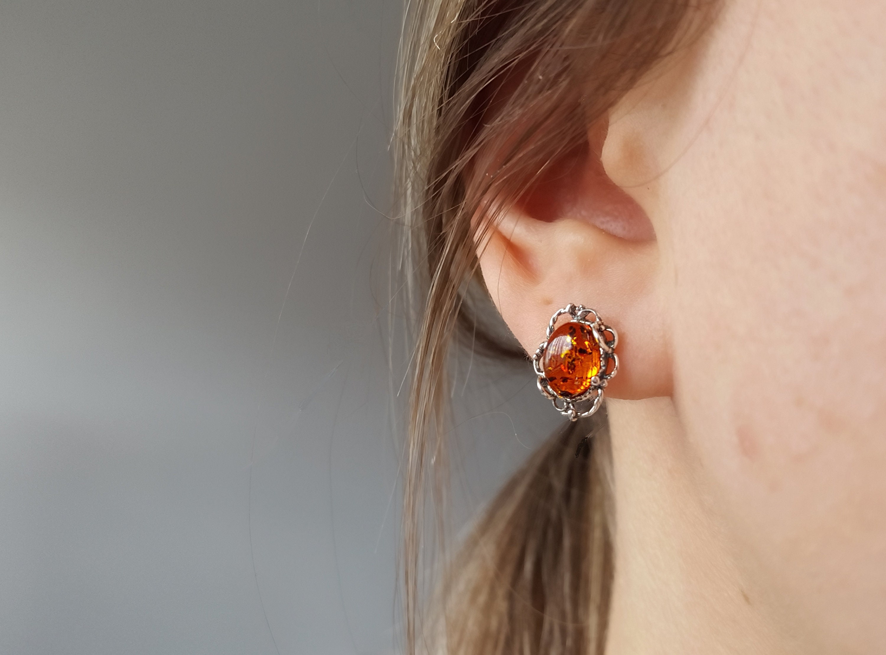 Sterling Silver & Amber Stud Earrings, Baltic Rope Oval Studs, Solitaire Studs, Honey Earrings