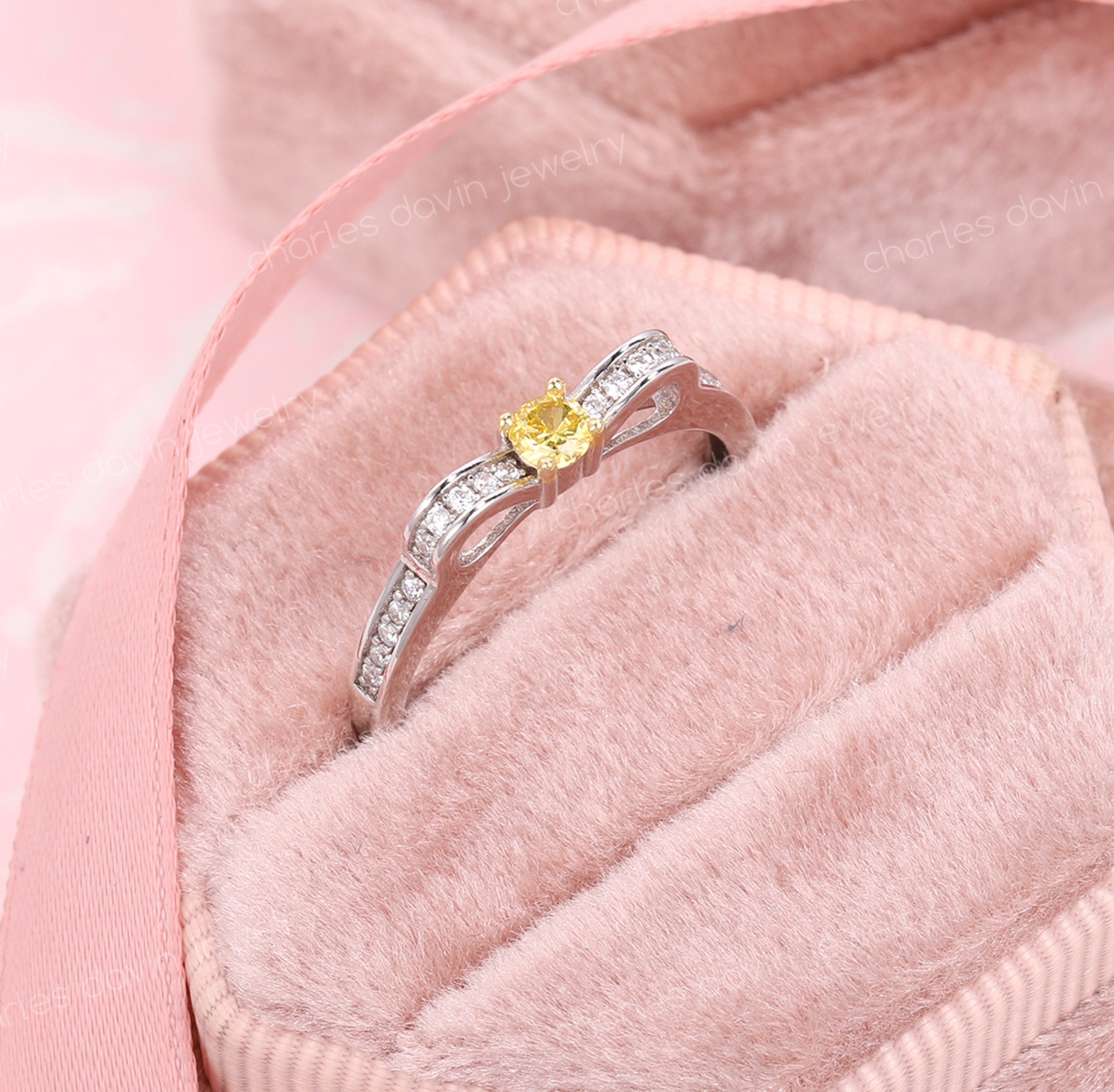 Yellow Sapphire Diamond Bow Ring, Minimalist Wedding Band, Ribbon Sparkling Knot Classic Promise Ring