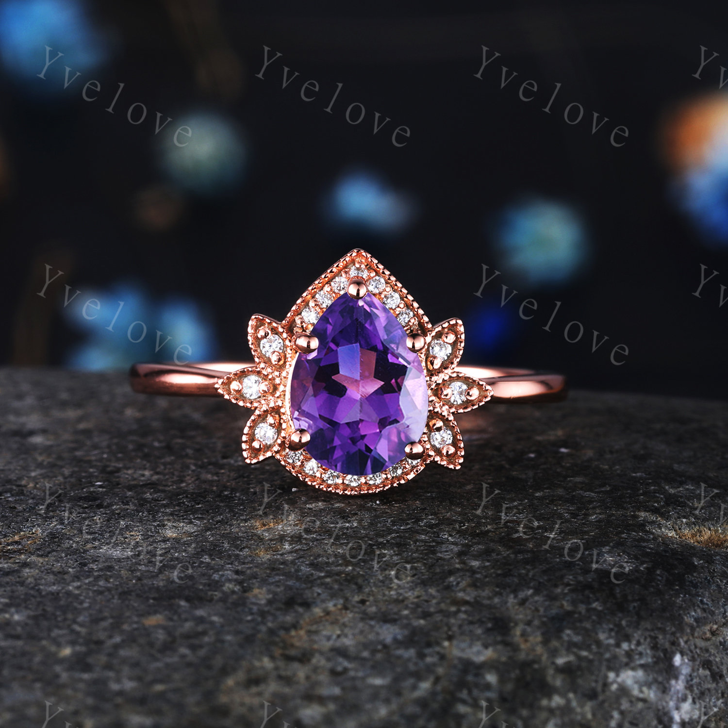 8x6mm Pear Shaped Amethyst Engagement Ring 14K Rose Gold Unique Flower
