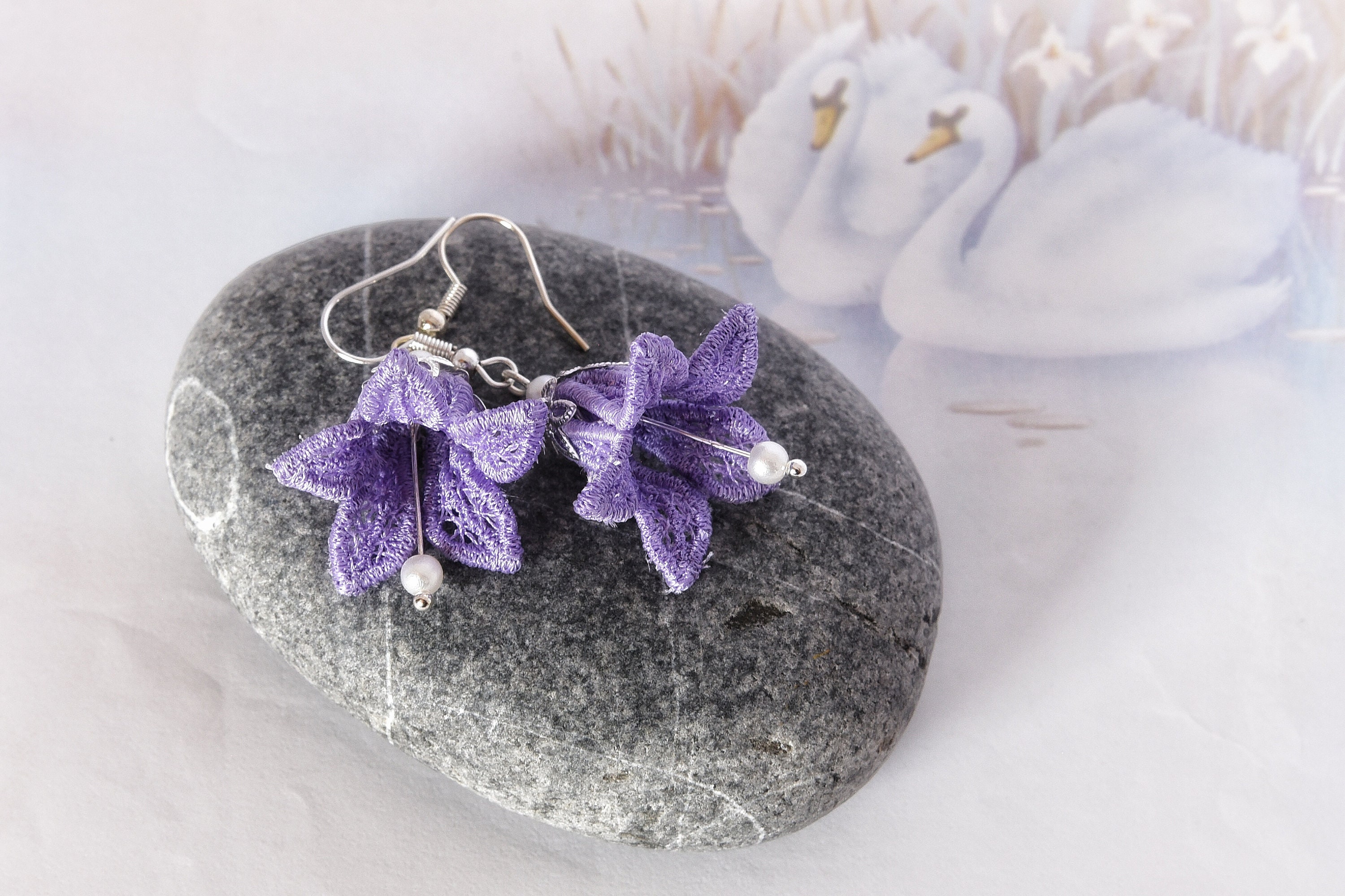 Bluebell Earrings Purple - Lace Fairy Spring Flowers Bell Flower Embroidery Woodland
