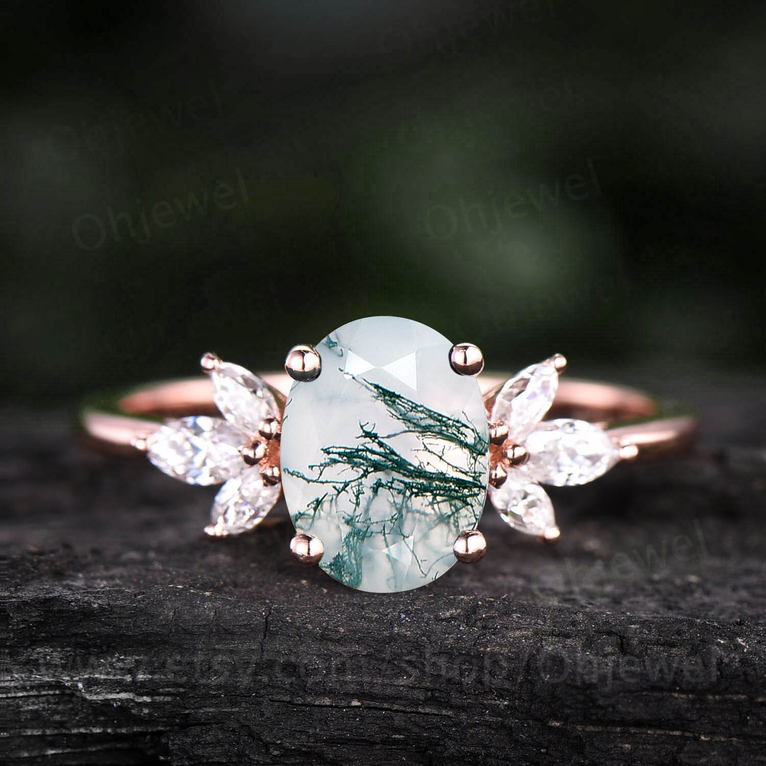 Oval Cut Moss Agate Engagement Ring Vintage Rose Gold Green Organic Stone 7 Marquise Moissanite Dainty Jewelry