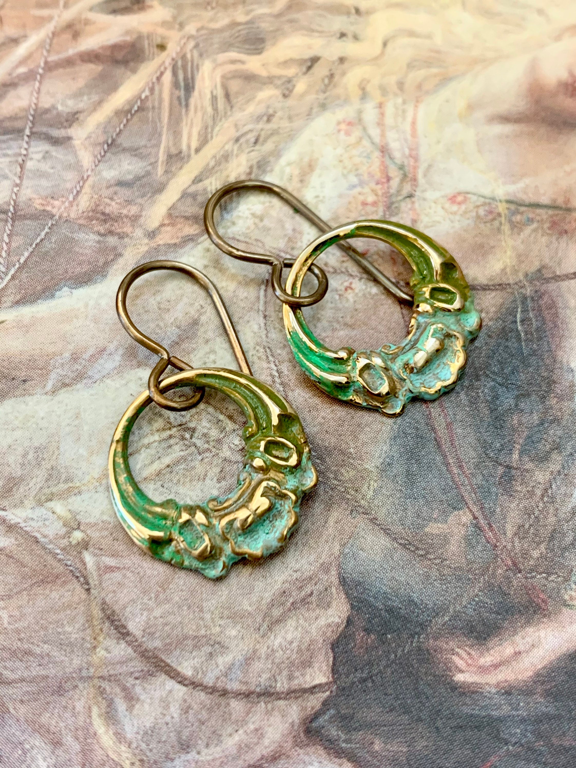 Vintage Jewelry - Art Deco Solid Brass Fairy Garden Cold Enamel Earrings Uppsy Daisy Handmade Ref 1020