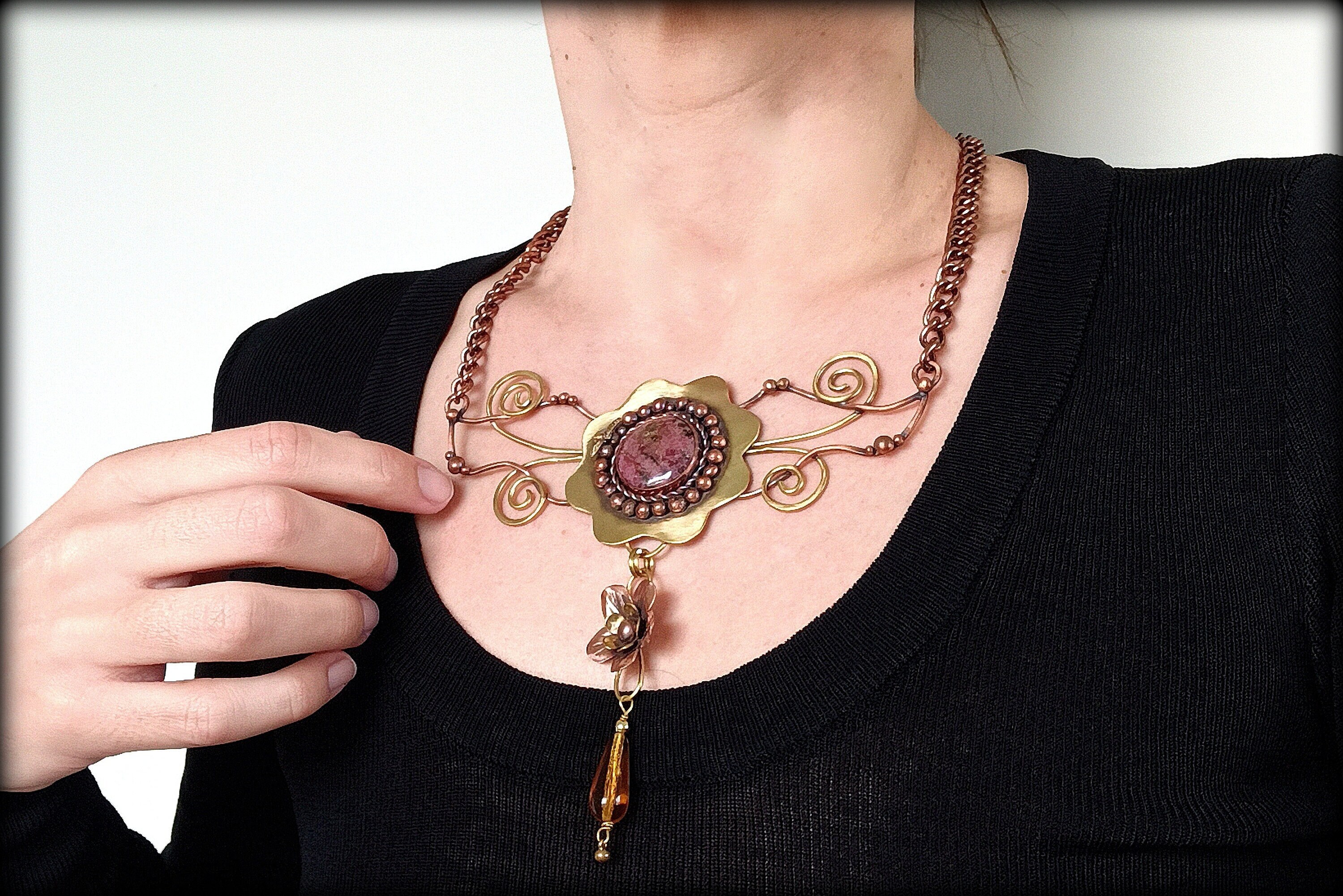 Artisan Brass & Copper Bib Necklace Handmade Floral Statement Piece
