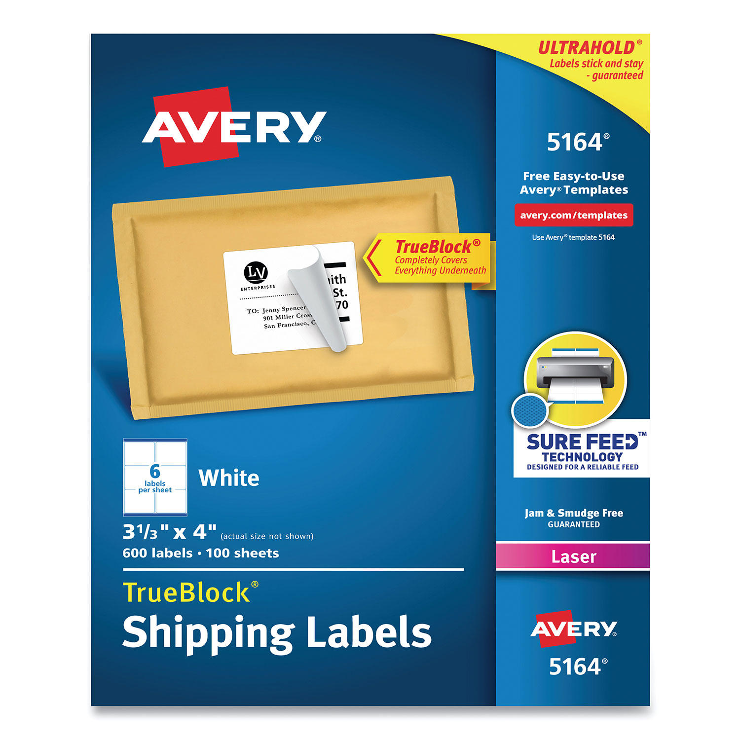 Avery 5164 - Laser Shipping Labels, 3-1/3 x 4', White - 600 Labels