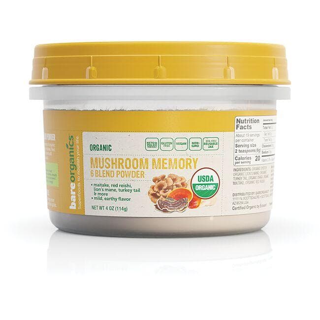 BareOrganics Organic Mushroom Memory 6 Blend Powder | 4 oz Powder