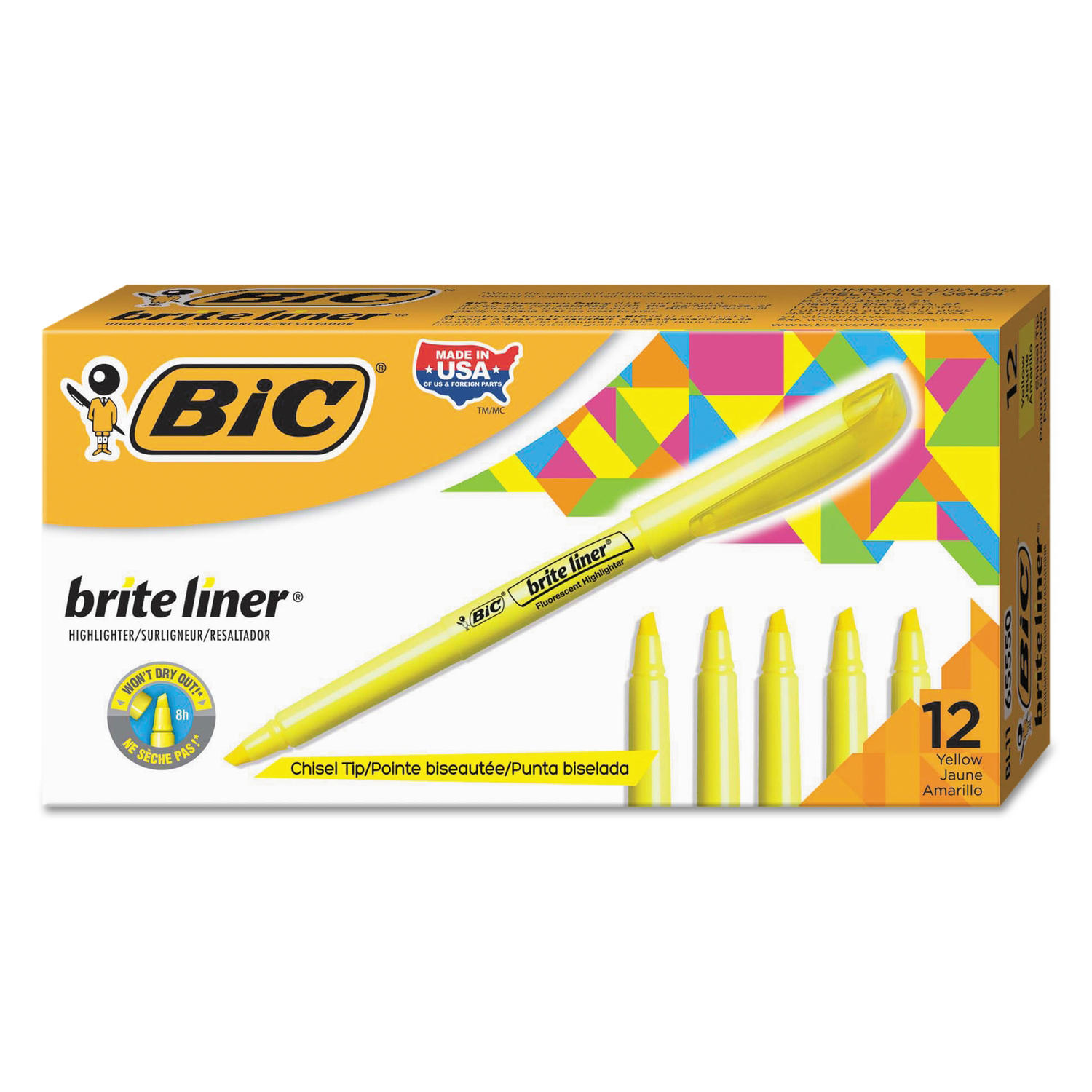 Bic Brite Liner Highlighters, Chisel Tip, Fluorescent Yellow, 12pk.