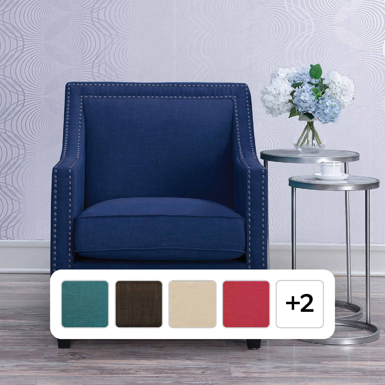 Emery Upholstered Chair with Silver Nailhead Trim - Blue:- Blue