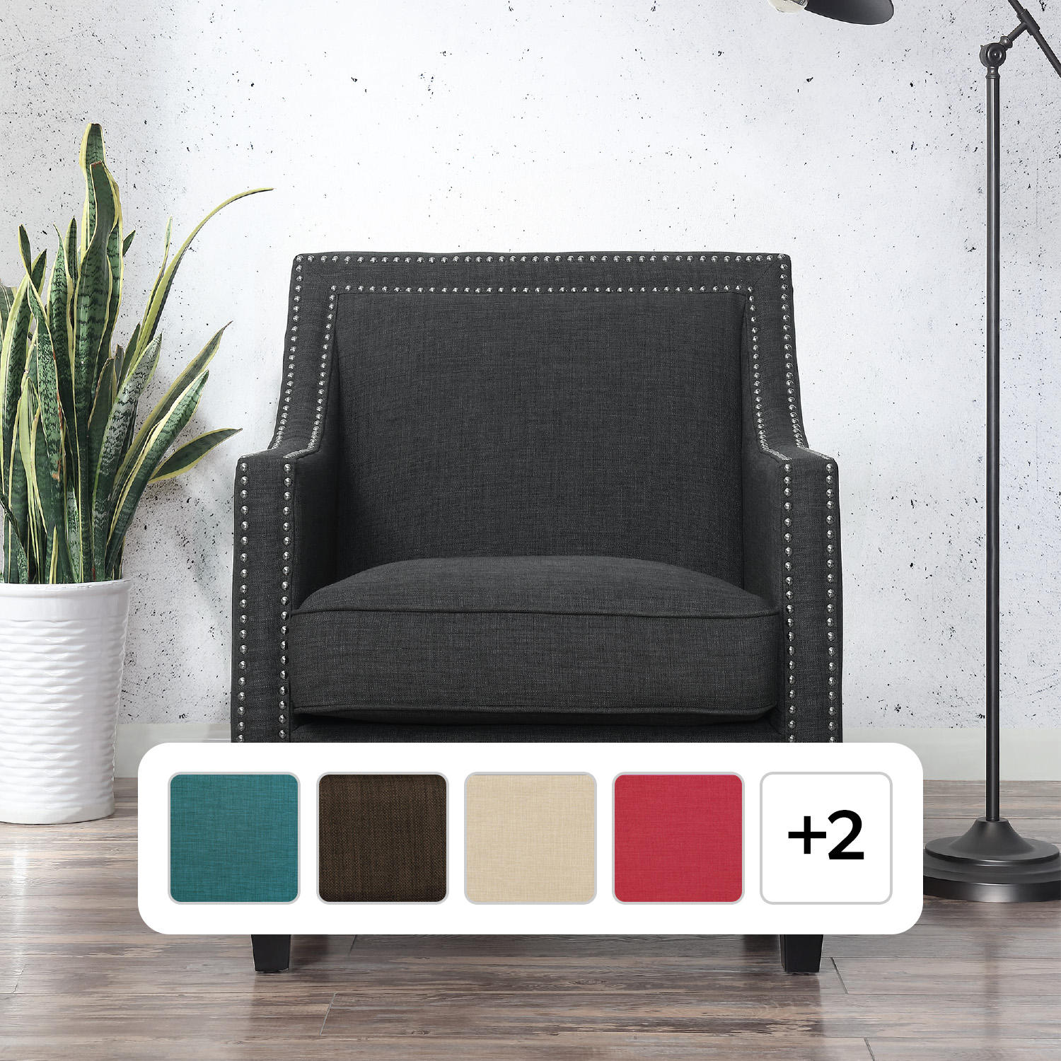 Emery Upholstered Chair with Silver Nailhead Trim - Charcoal:- Charcoal