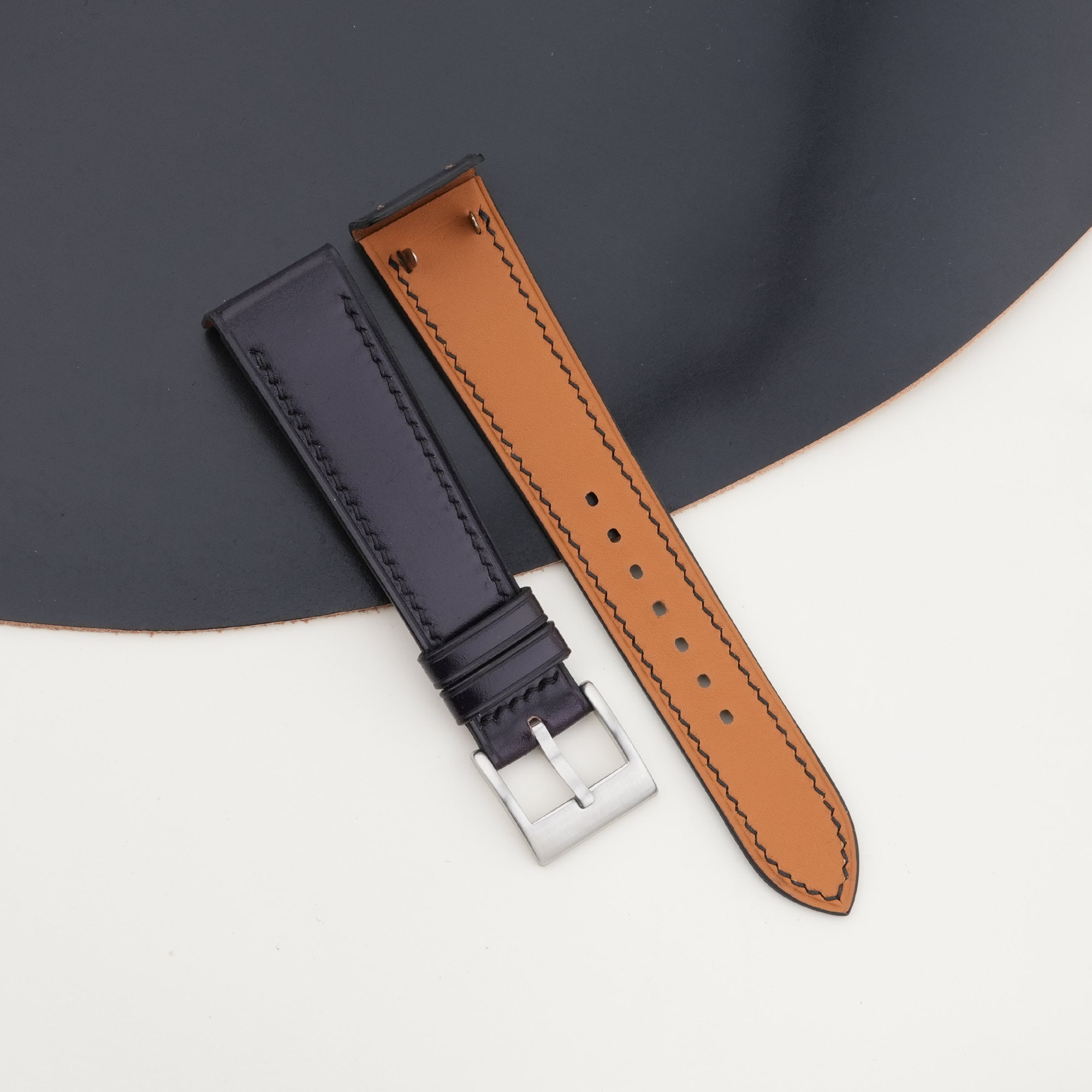 Fixed Bars Black Shell Cordovan Leather Watch Strap, Open Ends Handmade Strap For Lug