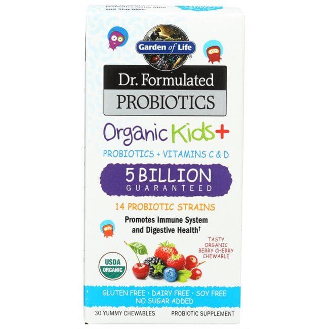 Garden of Life Dr. Formulated Probiotics Organic Kids+ - Berry Cherry Supplement Vitamin | 5 Billion CFU | 30 Chewables
