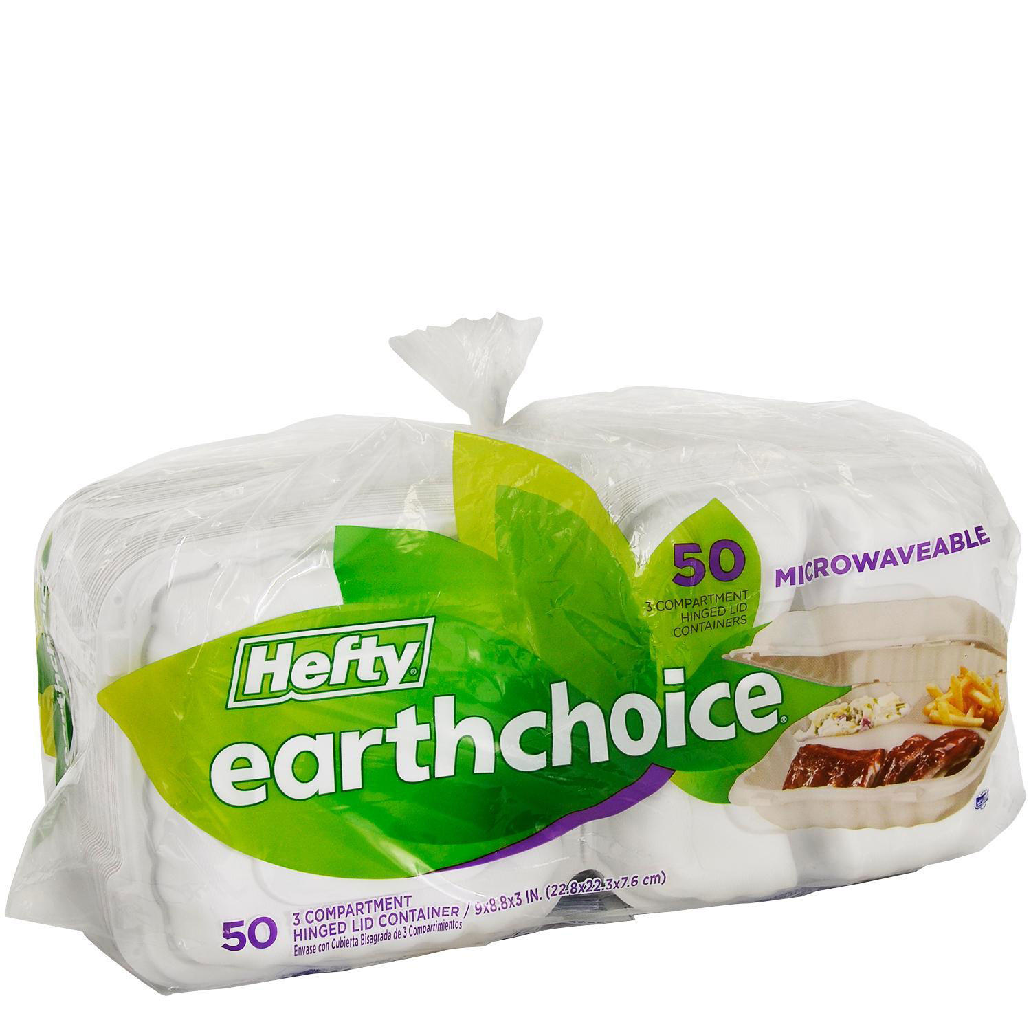 Hefty Earthchoice 3-Compartment Hinged Lid Containers, 9', 50 ct.
