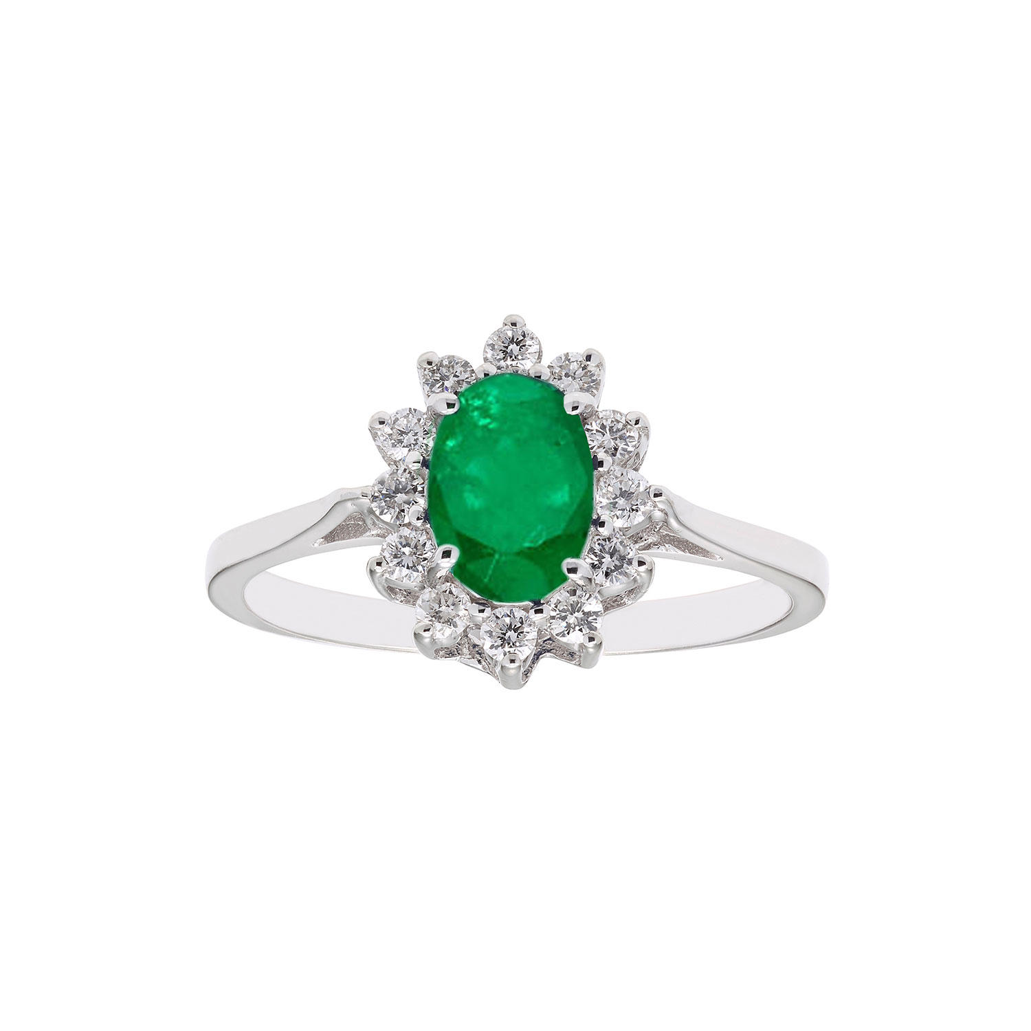 Oval Cut Blue Sapphire & 0.23 CT. T. W. Diamond Halo Ring in 14K Gold:- Emerald, 6