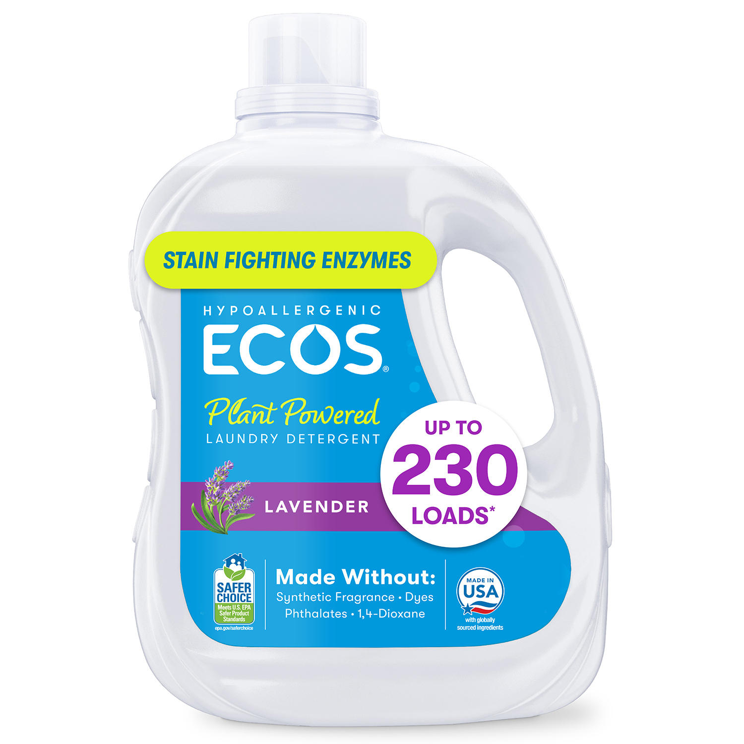 ECOS Hypoallergenic Liquid Laundry Detergent + Enzymes, Lavender Scent, 230 loads, 210 fl. oz