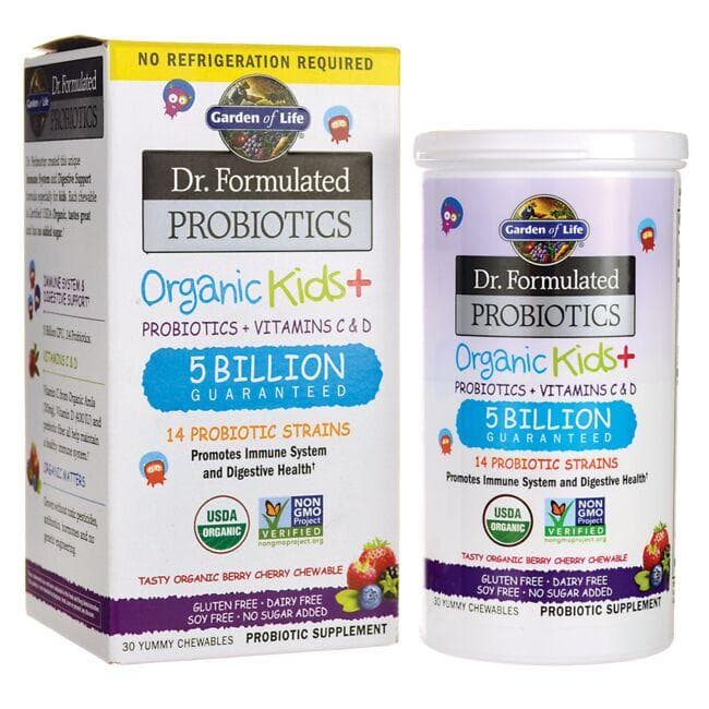 Garden of Life Dr. Formulated Probiotics Organic Kids+ - Berry Cherry Supplement Vitamin | 5 Billion CFU | 30 Chewables