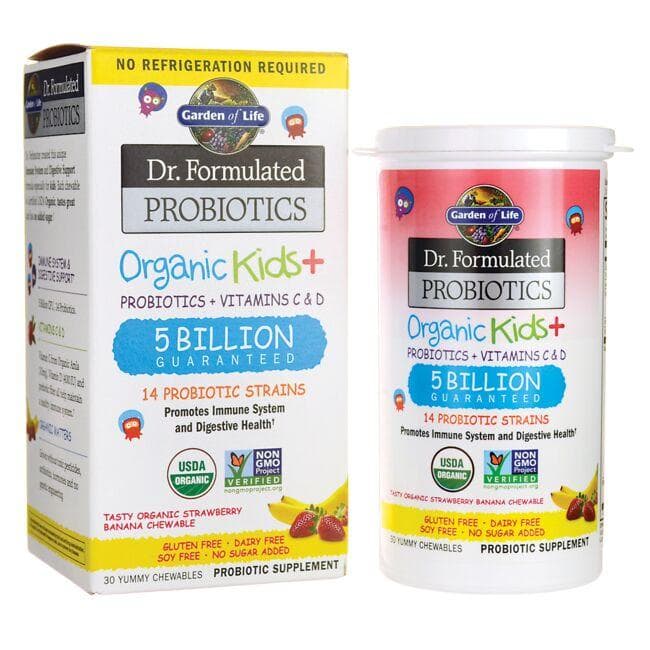 Garden of Life Dr. Formulated Probiotics Organic Kids+ - Strawberry Banana Supplement Vitamin | 5 Billion CFU | 30 Chewables
