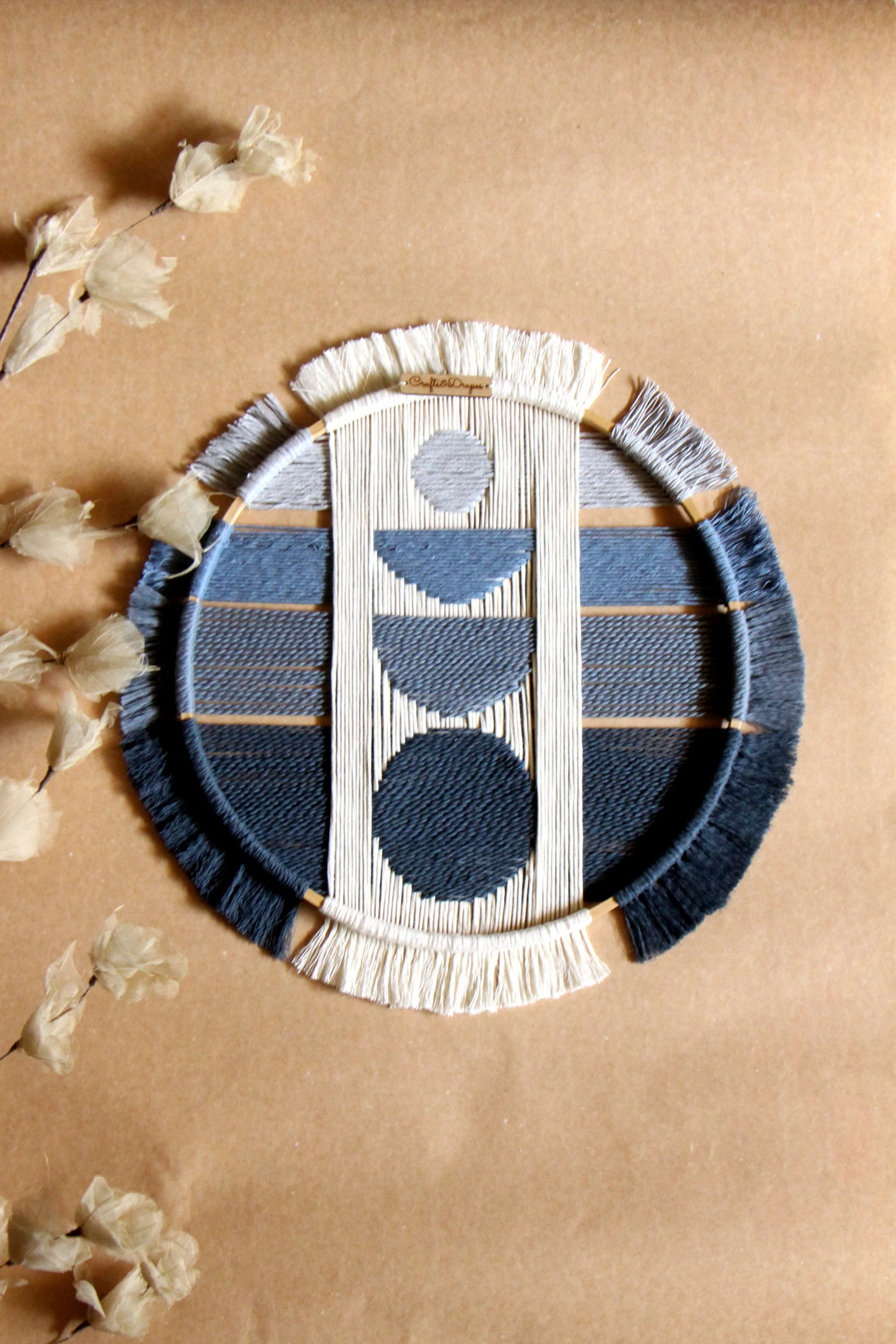 Lunar Phase Woven Wall Hanging Mid Century Modern Textile Art