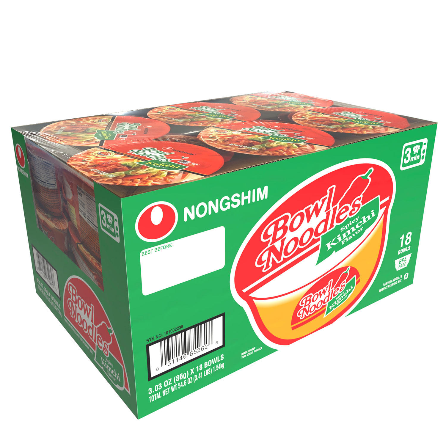 Nongshim Spicy Kimchi Ramen Noodle Soup Bowl 3.03 oz., 18 ct.