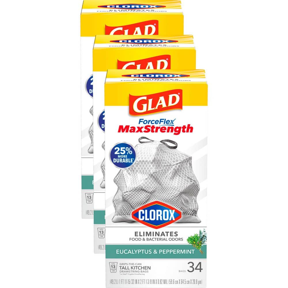 13 Gallon ForceFlex MaxStrength with Clorox Tall Kitchen Drawstring Eucalyptus and Peppermint Trash Bags (34-Ct, 3-Pk)