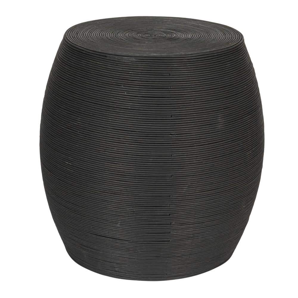 18.11 in. Matte Black Cane Round Wicker Barrel Accent End Table
