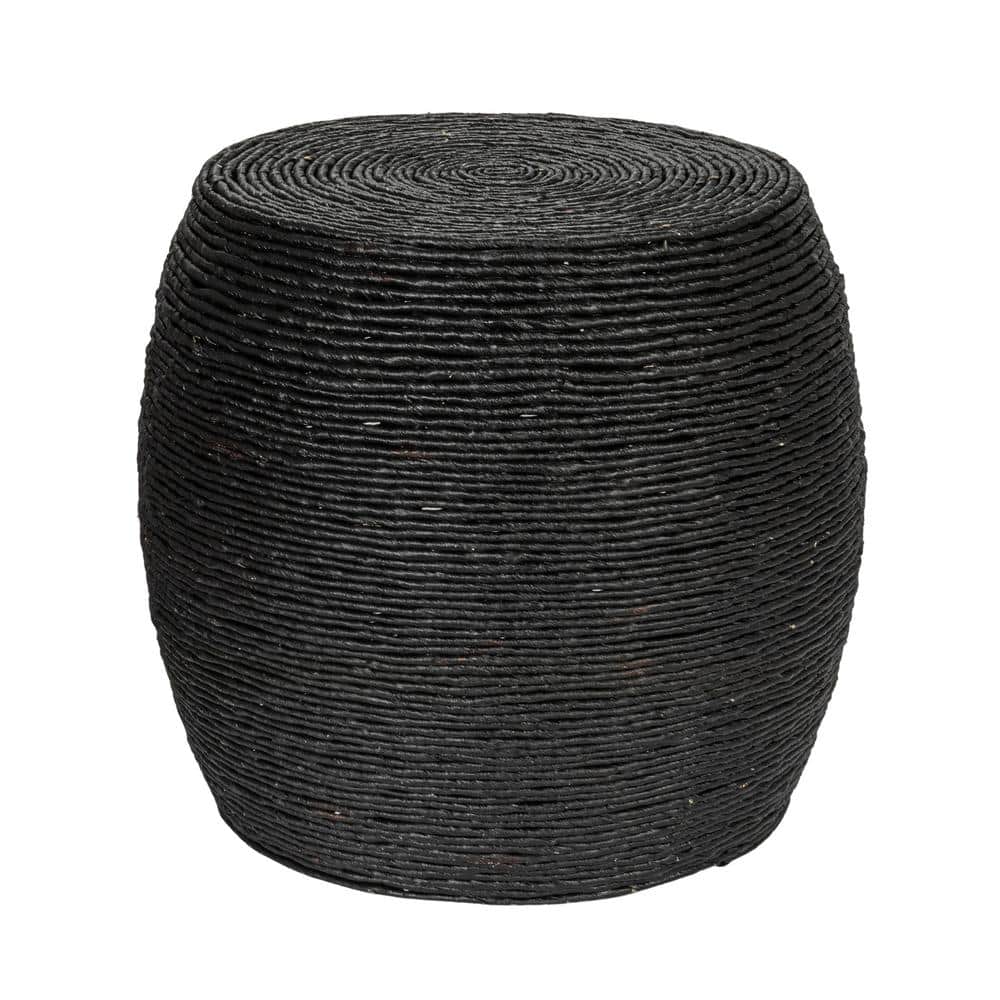 18.7 in. Black Finish Round Handwoven Corn Rope Barrel Accent End Table