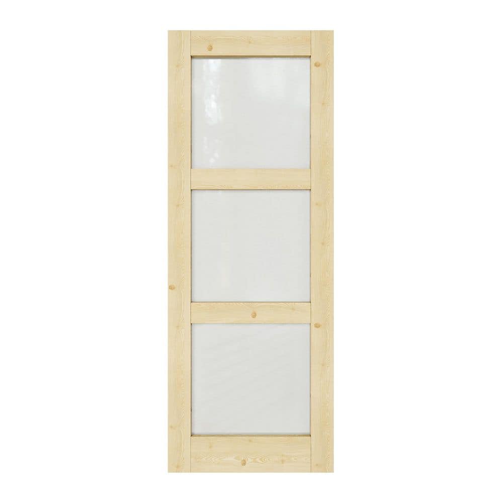 28 in. x 80 in. Unfinished Solid Core Pine Wood 3 Lite Tempered Frosted Glass Interior Door Slab