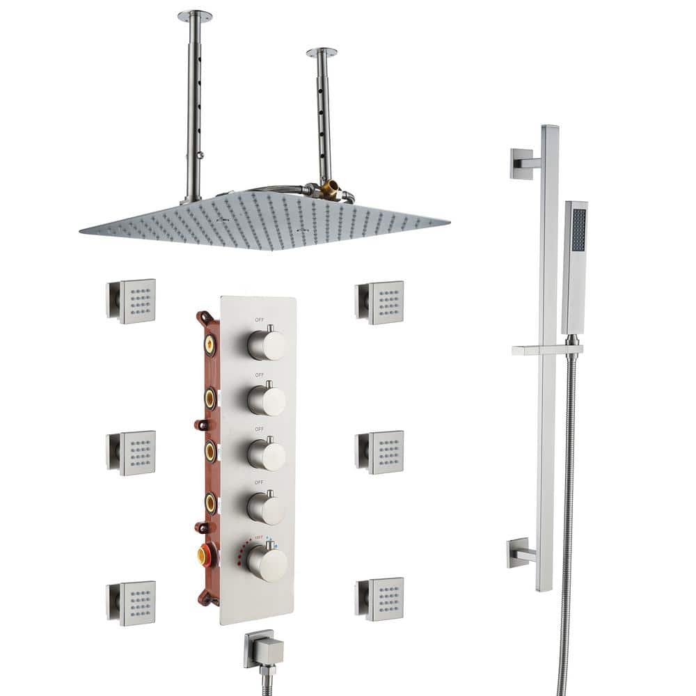 3-Spray 16 in. Ceiling Mount Dual Shower Heads and Handheld Shower Head with 2.5 GPM 6-Jet in Brushed Nickel