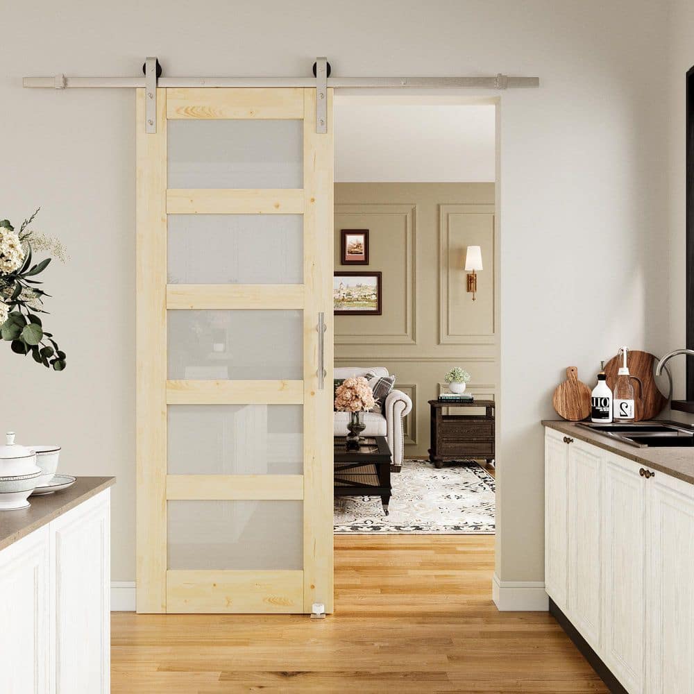 30 in. x 80 in. 5-Lite Frosted Glass Unfinished Glass Sliding Barn Door with Hardware Kit