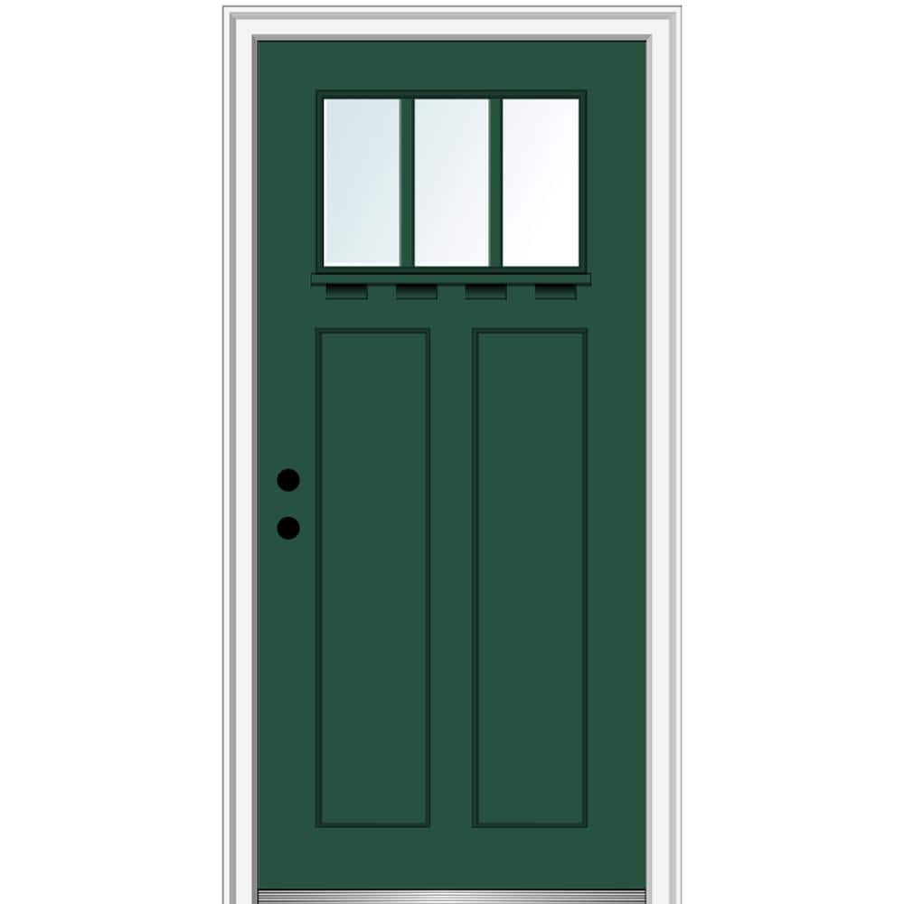 32 in. x 80 in. Right-Hand Inswing 3-Lite Clear 2-Panel Shaker Painted Fiberglass Smooth Prehung Front Door with Shelf