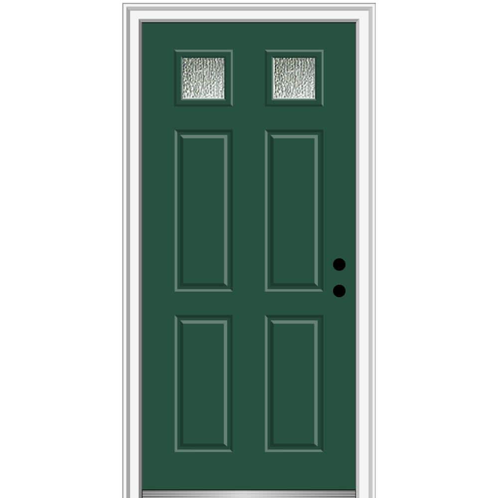 34 in. x 80 in. Left-Hand/Inswing Rain Glass Hunter Green Fiberglass Prehung Front Door on 4-9/16 in. Frame