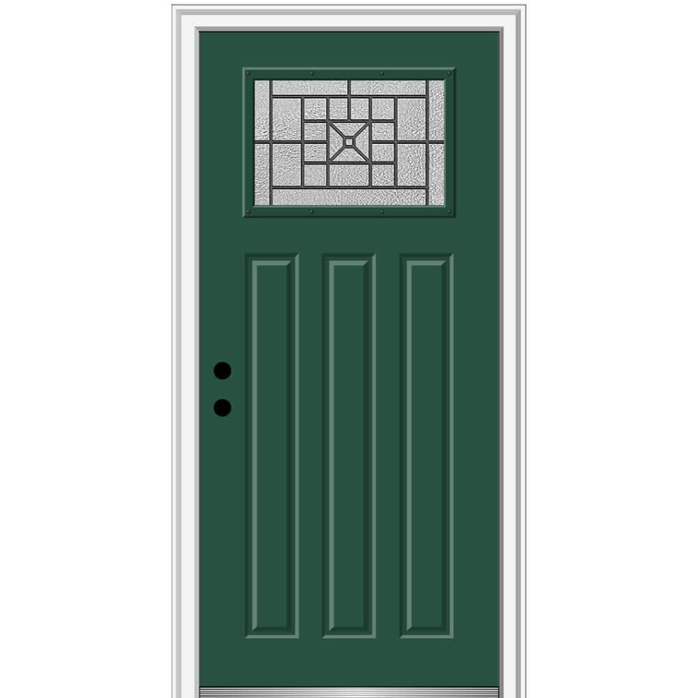 36 in. x 80 in. Courtyard Right-Hand 1-Lite Decorative Craftsman 3-Panel Painted Fiberglass Smooth Prehung Front Door